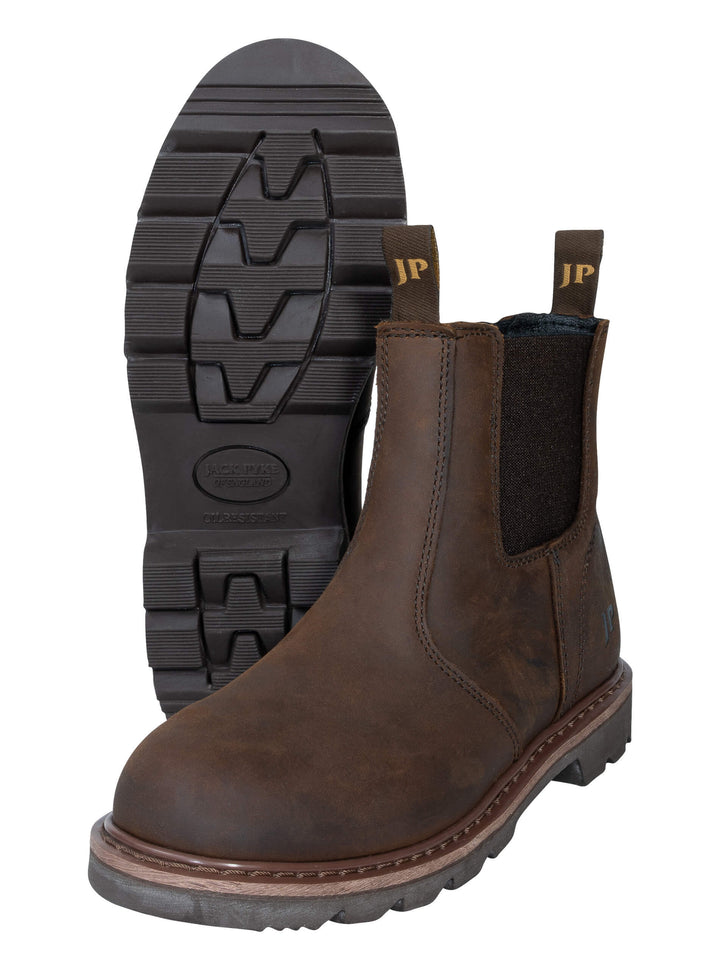 JACK PYKE Shires Mens Safety Dealer Boots – Oiled Leather Slip-On Chelsea Boots with Elastic Sides, Oil Resistant Sole and Double Pull Tabs for Country or Outdoor Use - Brown, Size 5-12 UK