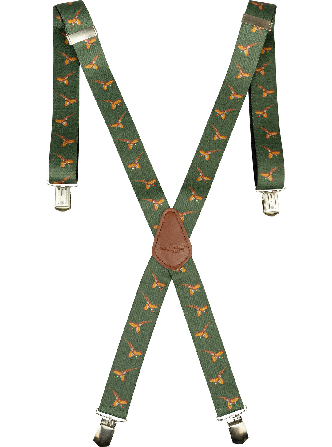 Jack Pyke Elasticated Braces for Men, 4 Strong Clips, Cross-Back Leather Trim, Adjustable 70-115cm, 35mm Wide Suspenders for Hunting, Shooting, Fishing, Field Sports