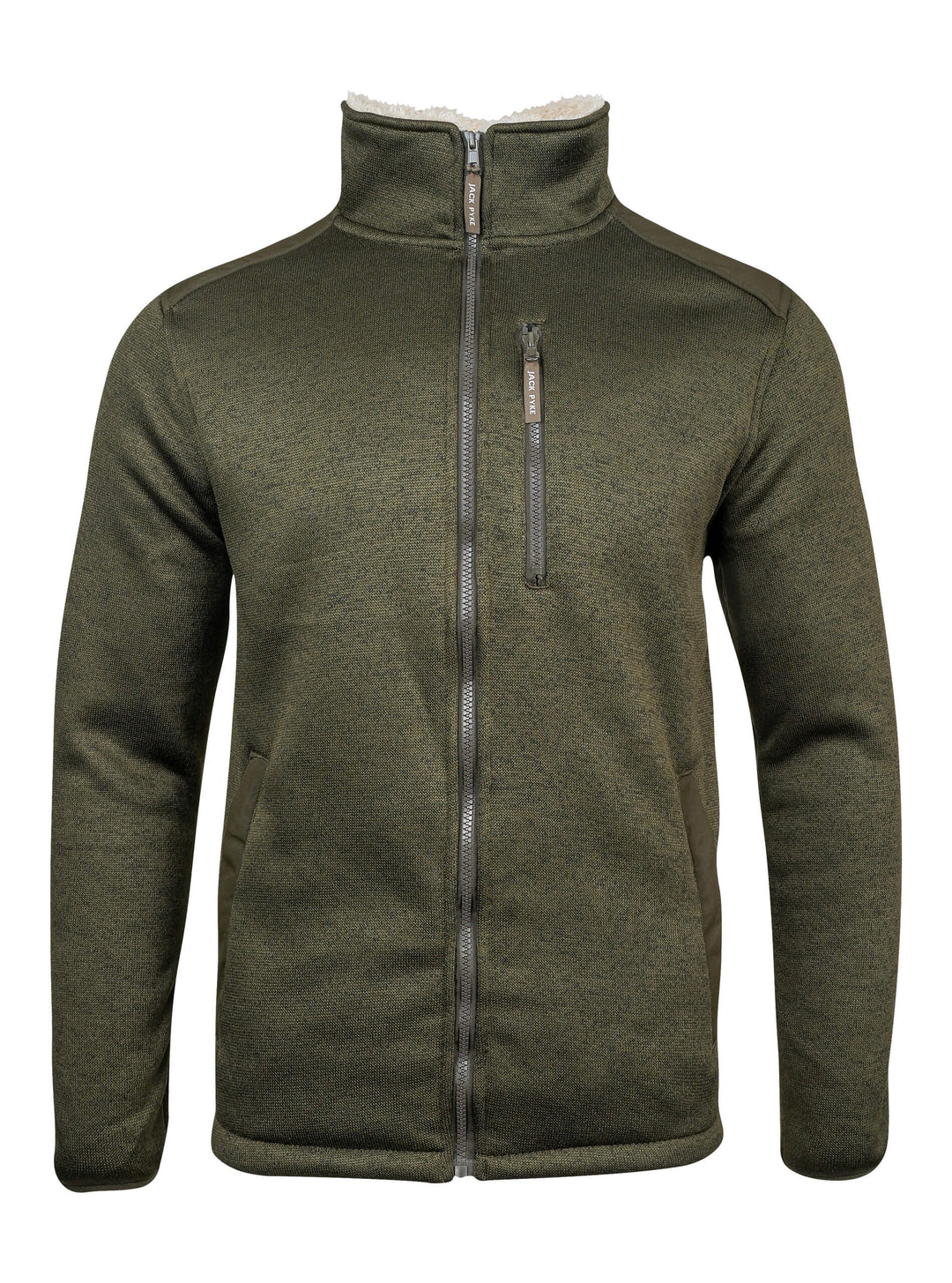 JACK PYKE Scandinavian Fleece Jacket for Mens – Soft Knitted Outer with Sherpa Lining, Full Zip Fleece Jumper with Zipped Pockets and Suede-Style Sleeve Patch, Warm Outdoor & Casual Wear - Dark Olive