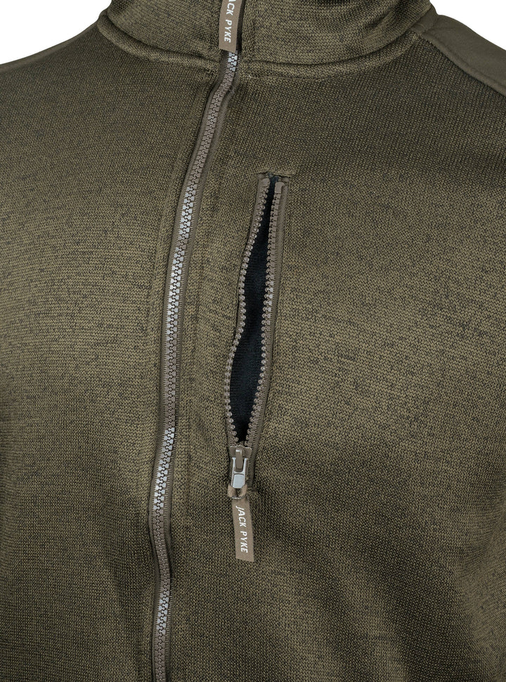 JACK PYKE Scandinavian Fleece Jacket for Mens – Soft Knitted Outer with Sherpa Lining, Full Zip Fleece Jumper with Zipped Pockets and Suede-Style Sleeve Patch, Warm Outdoor & Casual Wear - Dark Olive