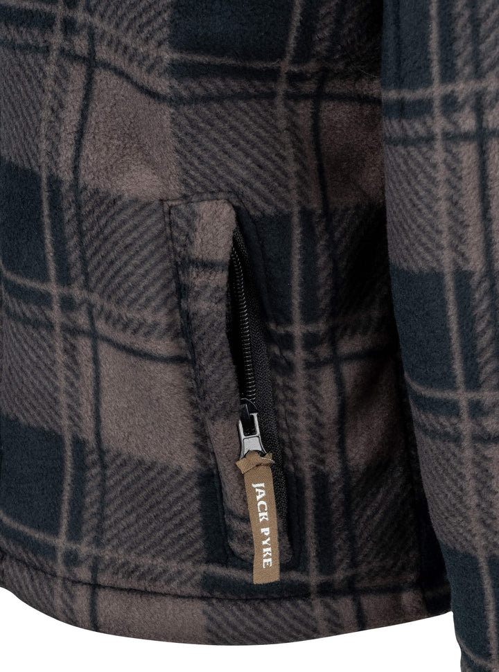 JACK PYKE Junior Tundra Check Shirt – Kids Fleece Lined Outdoor Flannel Overshirt with Zipped and Buttoned Pockets – Boys and Girls Winter Countryside Shooting Shirt, Brown