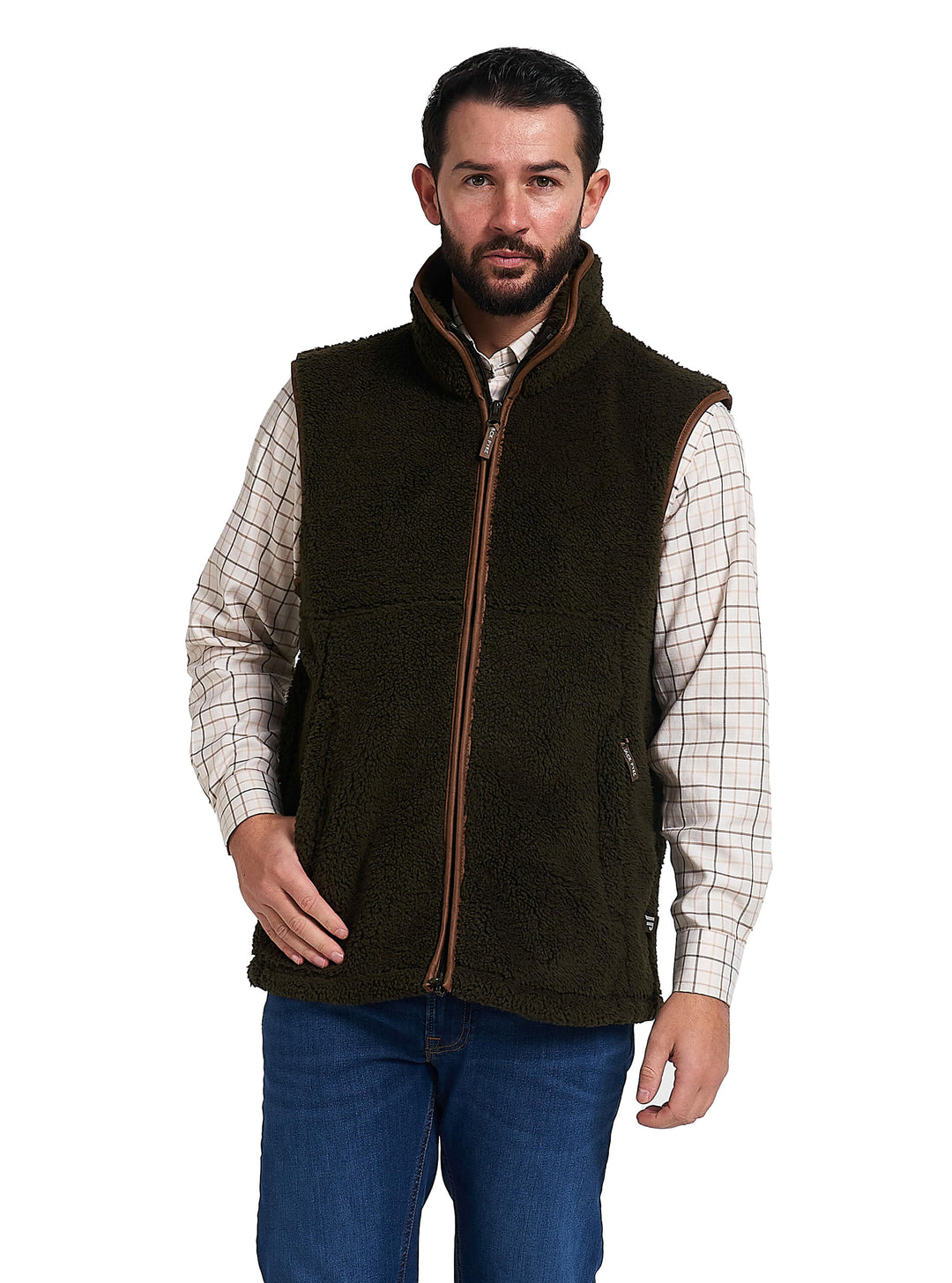 JACK PYKE Men's Dark Olive Countryman Chunky Fleece Waist-Length Gilet S-3XL