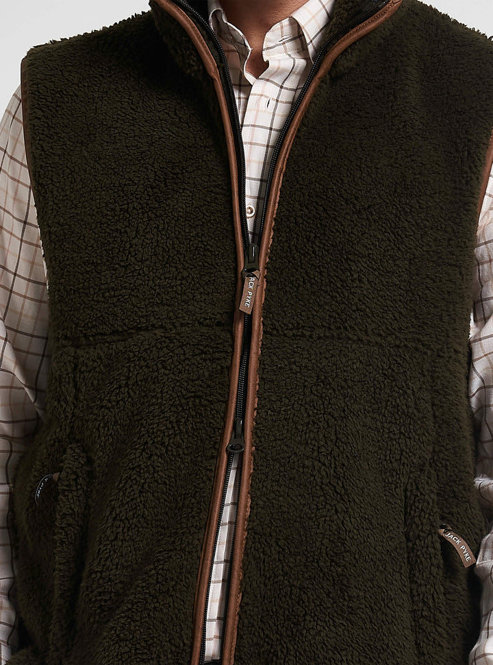JACK PYKE Men's Dark Olive Countryman Chunky Fleece Waist-Length Gilet S-3XL
