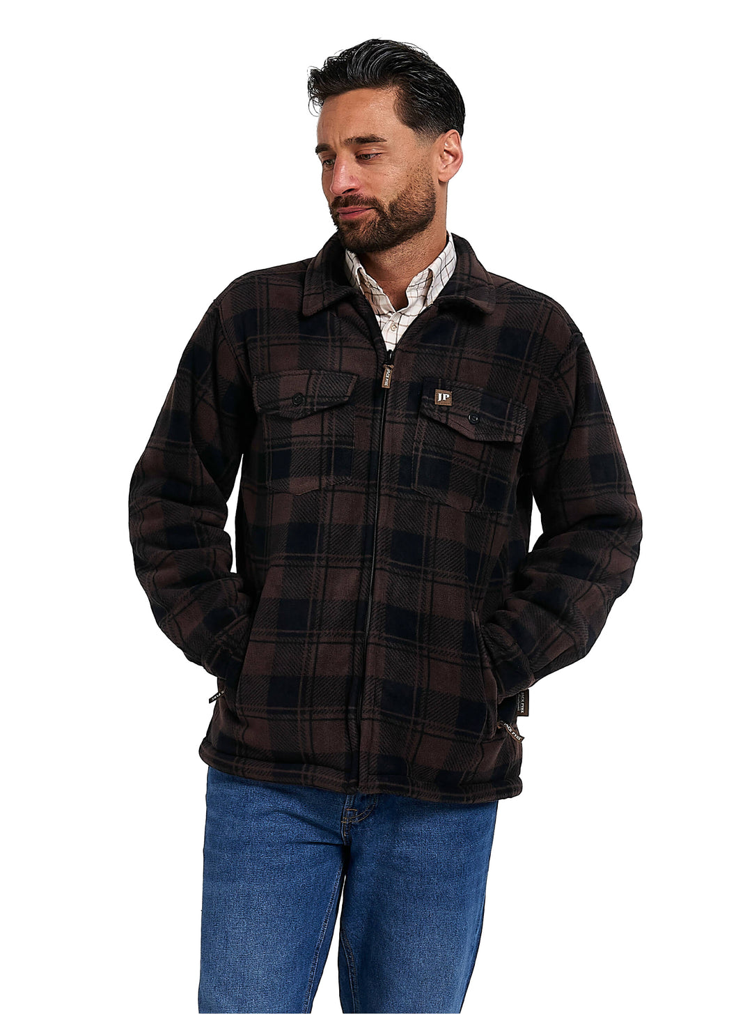 Jack Pyke Men’s Tundra Shirt – Checked Flannel Long Sleeve Zip Shirt with Fleece Lining, Turn-Down Collar, Multi Pockets, Button Cuffs for Shooting or casual Wear