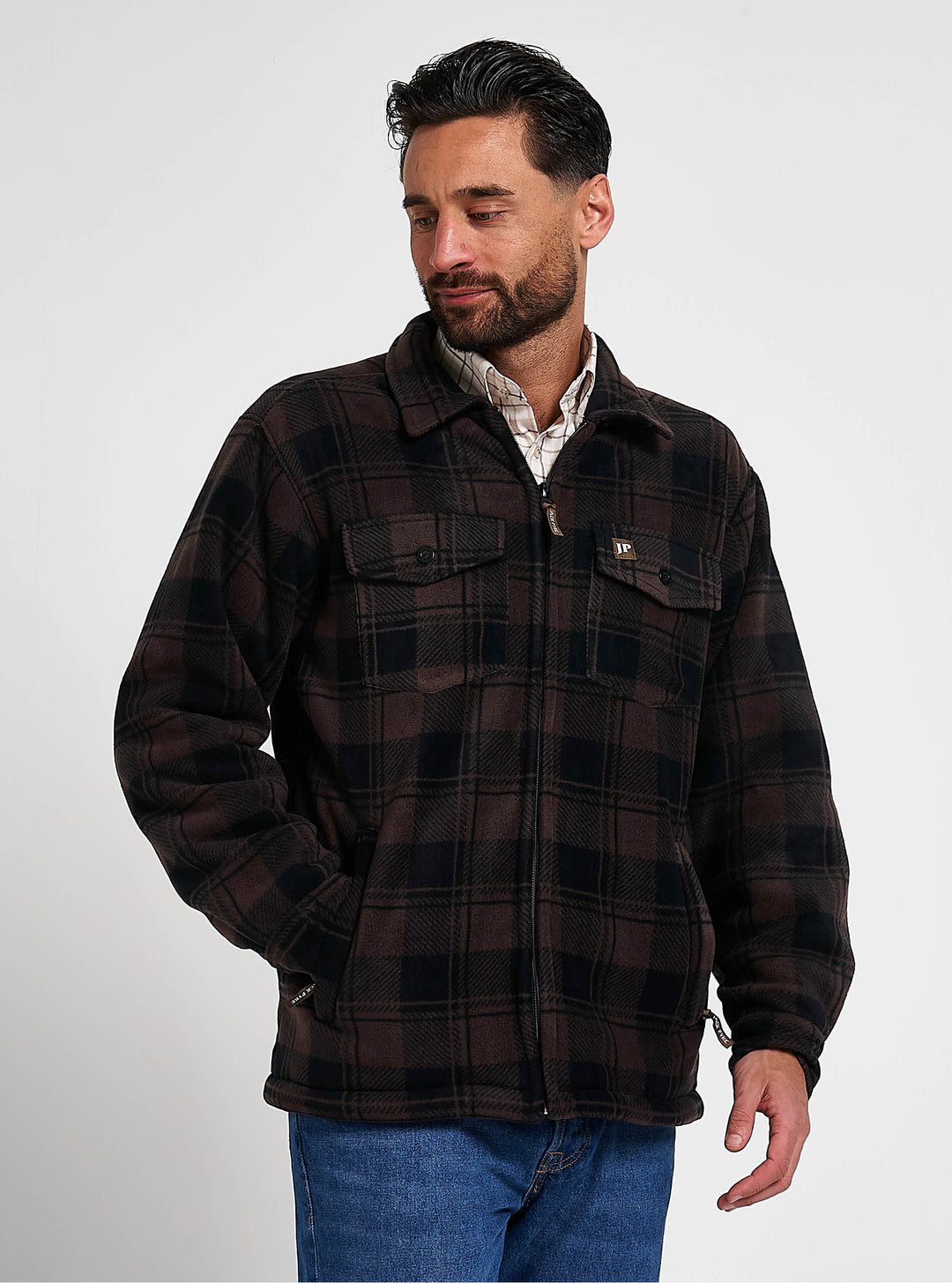 Jack Pyke Men’s Tundra Shirt – Checked Flannel Long Sleeve Zip Shirt with Fleece Lining, Turn-Down Collar, Multi Pockets, Button Cuffs for Shooting or casual Wear