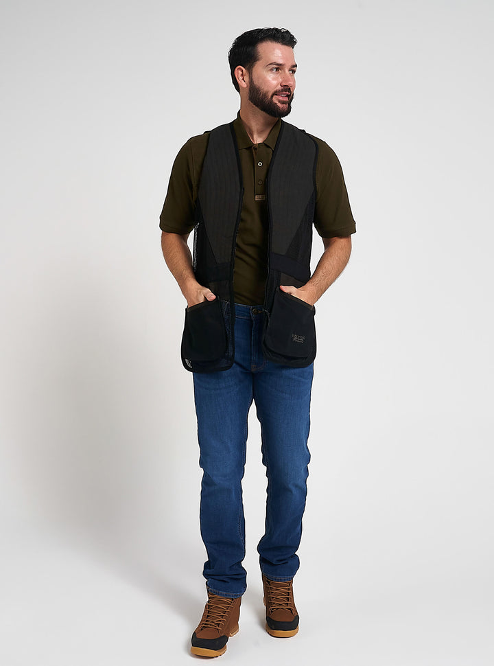 Jack Pyke Men’s Skeet Vest – Clay Pigeon Shooting Waistcoat with Breathable Mesh, Suede Trim & Multi Pockets – Lightweight Outdoor Hunting Jacket
