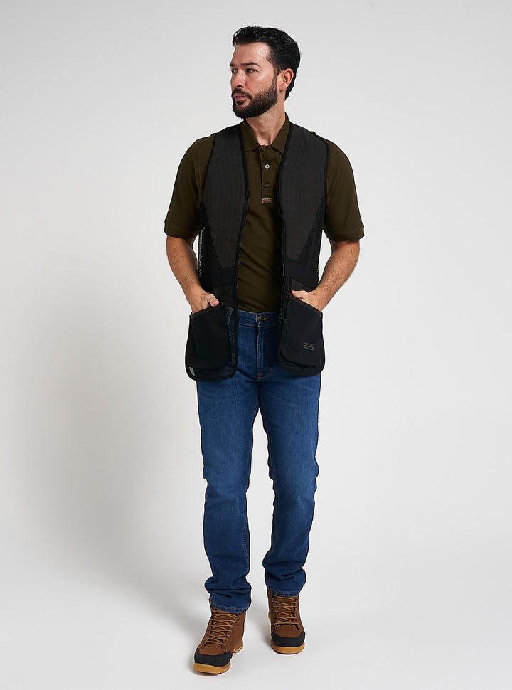 Jack Pyke Men’s Skeet Vest – Clay Pigeon Shooting Waistcoat with Breathable Mesh, Suede Trim & Multi Pockets – Lightweight Outdoor Hunting Jacket