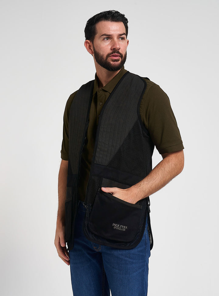 Jack Pyke Men’s Skeet Vest – Clay Pigeon Shooting Waistcoat with Breathable Mesh, Suede Trim & Multi Pockets – Lightweight Outdoor Hunting Jacket