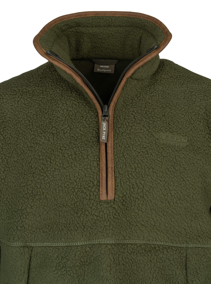 JACK PYKE Mens Half Zip Sherpa Fleece Pullover – Deep Pile Warm Outdoor Jumper with Zipped Kangaroo Pocket and Drawstring Waist – 100% Polyester Comfortable Country Mid Layer – Olive