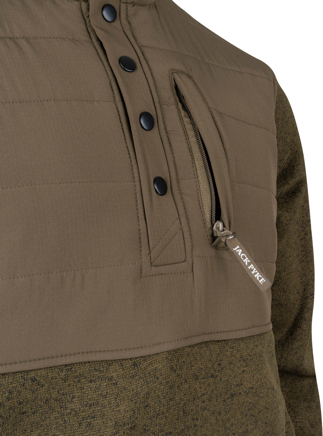 JACK PYKE Mens Fleece Pullover – Long Sleeve Outdoor Jacket with Stand Collar, Padded Upper Panel, Zipped Pockets and Snap Fastening Jumper for Country and Casual Wear, Green