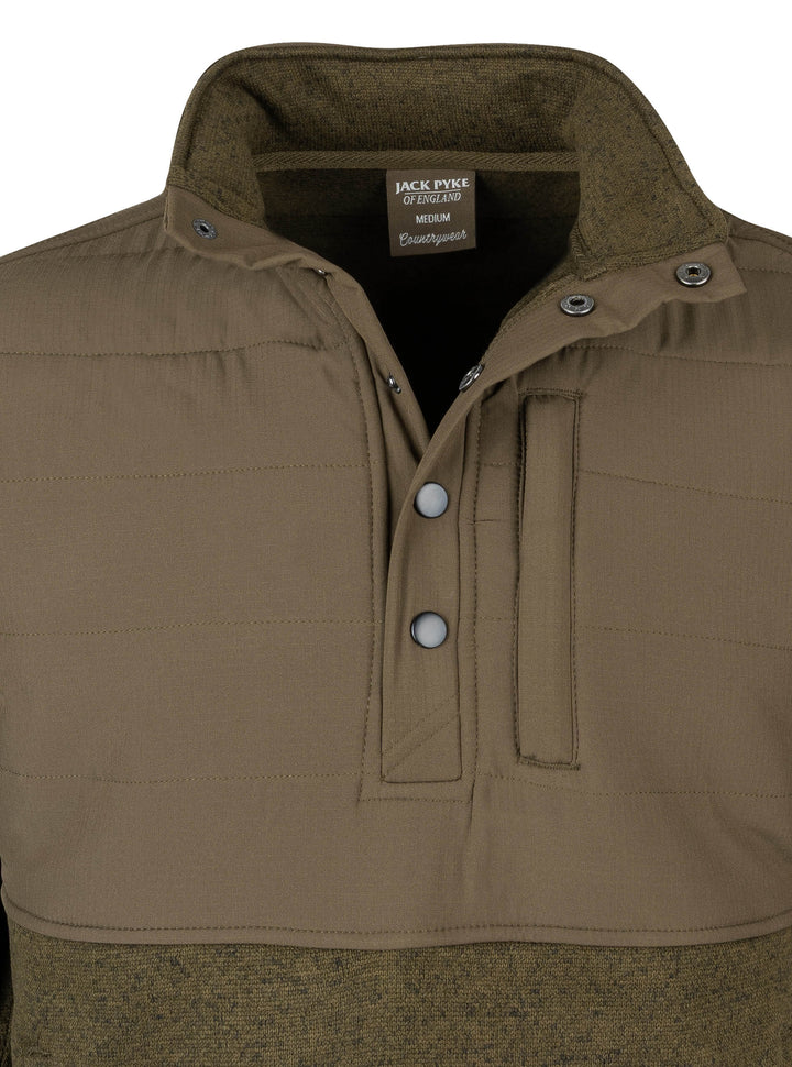 JACK PYKE Mens Fleece Pullover – Long Sleeve Outdoor Jacket with Stand Collar, Padded Upper Panel, Zipped Pockets and Snap Fastening Jumper for Country and Casual Wear, Green