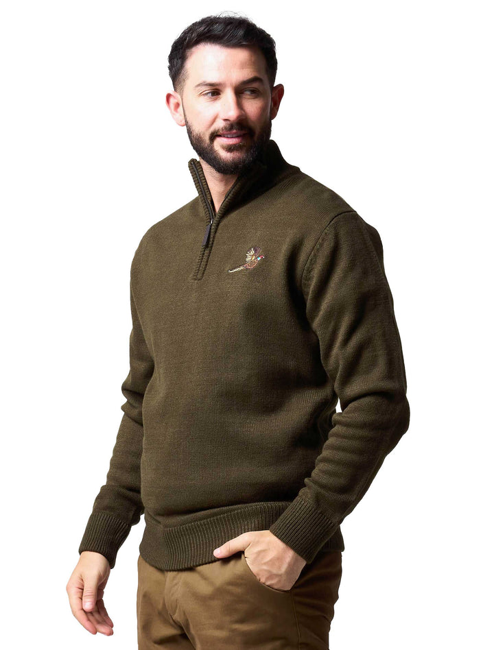 JACK PYKE Pheasant Men’s Jumpers – Quarter Zip Knitted Pullover, Long Sleeve Warm Sweatshirt with Ribbed Neck, Cuffs and Hem, Ideal for Outdoor Walks, Shooting and Casual Wear, Olive Green