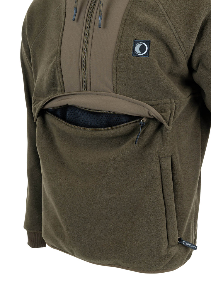 SPEERO Men’s Hybrid Hoodie – Mid-Weight Pullover Fleece Sweatshirts with Half Zip, Insulated Funnel Neck, Long Sleeves with Rib Cuffs, Hand Pockets for Outdoor, Travel and Casual Wear – Green