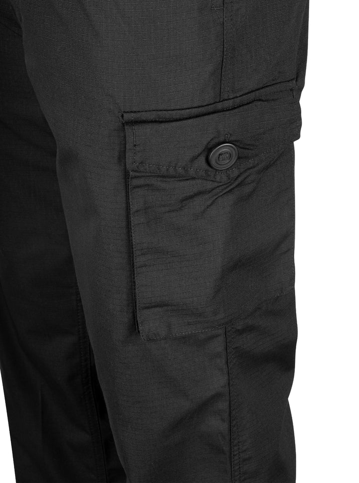 Pantaloni cargo da uomo Mil-Com neri con frontale piatto