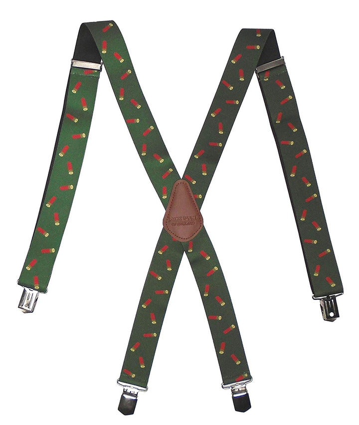 Jack Pyke Elasticated Braces for Men, 4 Strong Clips, Cross-Back Leather Trim, Adjustable 70-115cm, 35mm Wide Suspenders for Hunting, Shooting, Fishing, Field Sports